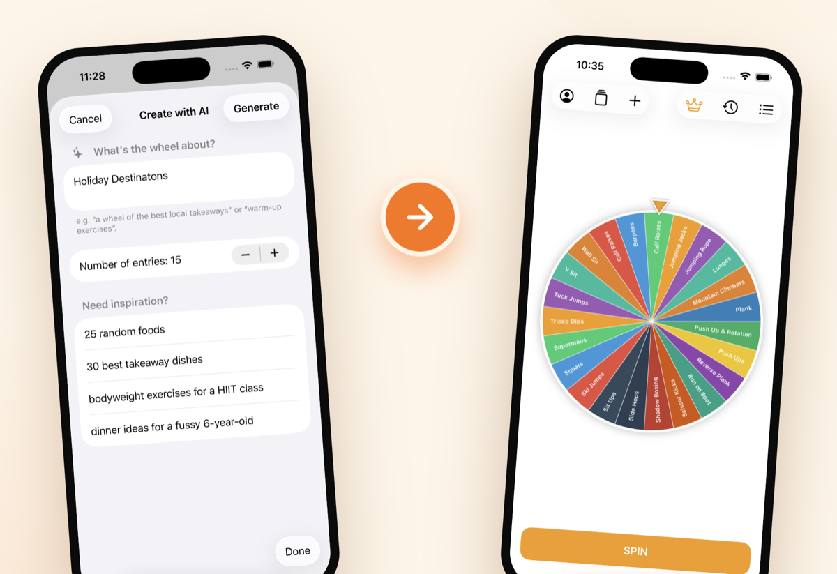 Spin It iOS app showing the AI wheel creation screen and a colourful PE exercise wheel ready to spin